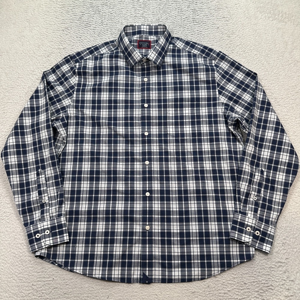 UNTUCKIT Shirt‎ Mens XL white Blue Plaid Rooney Slim Fit Casual